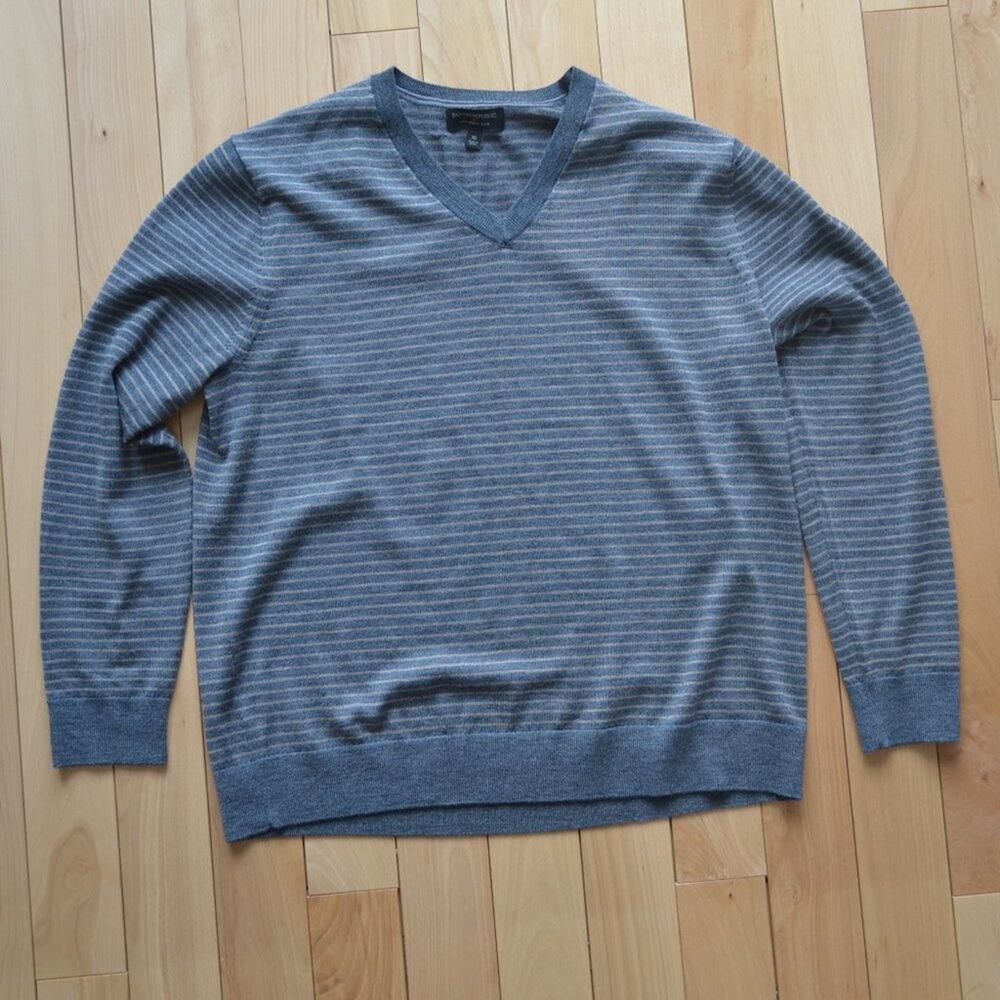 Banana Republic Merino Wool Sweater V Neck Men's Size XL Tan Gray Stripes